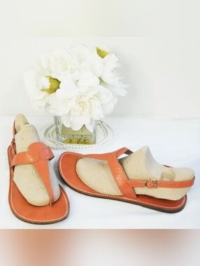 Lety Burnt Orange Color Strappy Leather T-Strap Sandals